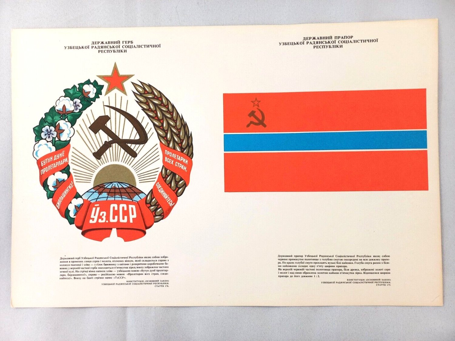 Soviet Vintage Poster with Coat Arms and Flag Uzbek Soviet Socialist Republic