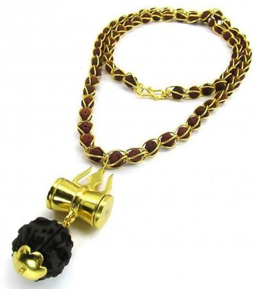 Gold-Plated Brown Beads Brass Lord Shiva Trishul Damru Rudraksh Locket Pendant for Men and Women