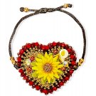 Handcrafted Golden Bead Sunflower Red Rhinestone Heart Bracelet Adjustable Strap Handcrafted Golden Bead Sunflower Red Rhinestone Heart Bracelet Adjustable Strap