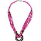 Pink Bohemian Wood & Seed Bead 22” Necklace with Brass Ring Pendant & Accents Pink Bohemian Wood & Seed Bead 22” Necklace with Brass Ring Pendant & Accents