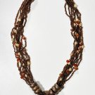 Vintage Multistrand Brown Glass, Amber & Bone Beads w/ Bronze Ring Necklace