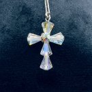 Vintage 1950's Sterling Silver Aurora Borealis AB Crystal Cross & 15" Chain