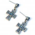 Antiqued Silver Studded Cross & Faceted Irridescent Marcasite Earrings