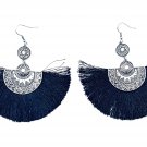 Silver & Black Egyptian Fan Tassel Hook Earrings