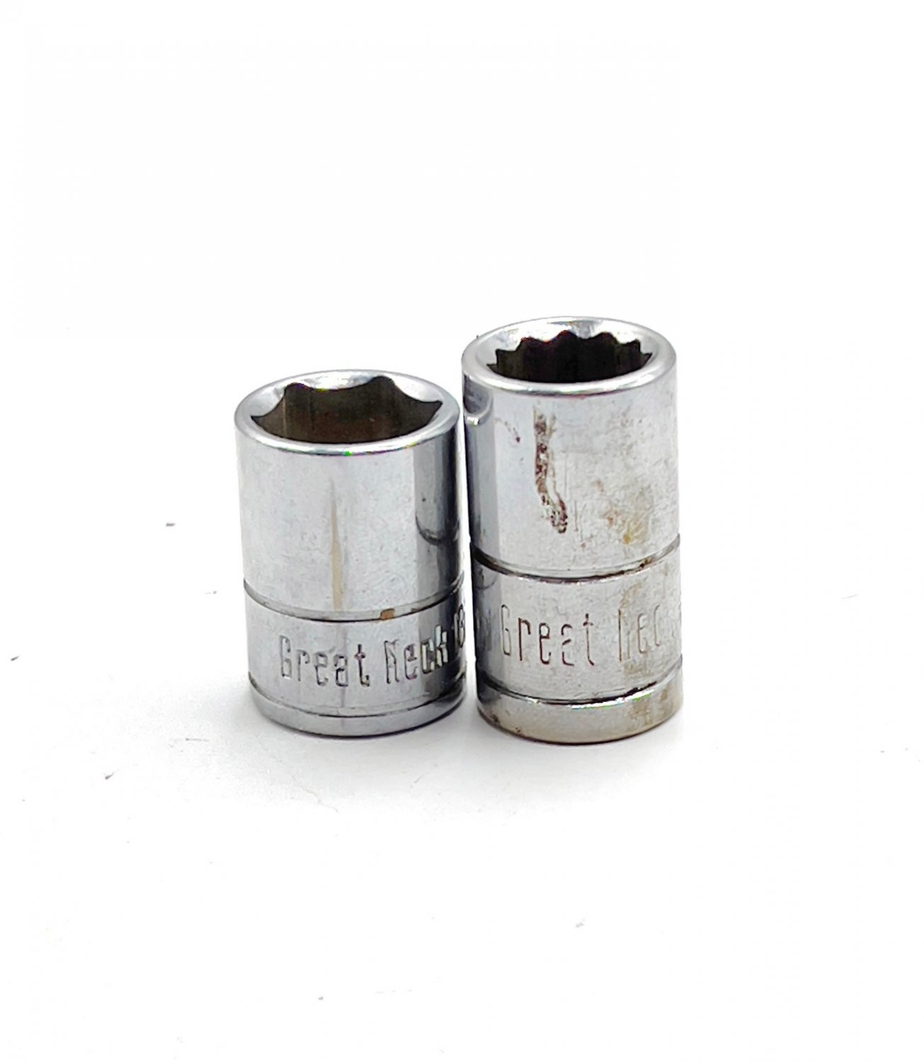 Vintage GREAT NECK Shallow Socket Pair - 13mm 6-Pt 1/4" Dr  & 7/16 12-Pt 3/8" Dr