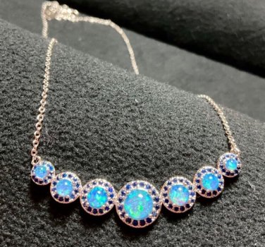 Blue Fire Opal Multi Gemstone Balcony Pendant Necklace Silver Plated CZ