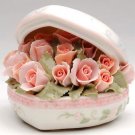 ♫MUSIC BOX Porcelain PINK ROSE Heart Bouquet LOVE STORY