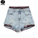 Women's floral stitching fake two-piece denim shorts