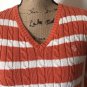 Lauren Ralph Lauren Women's V-Neck L/S Cable Knit Orange Striped LRL Logo Sz S