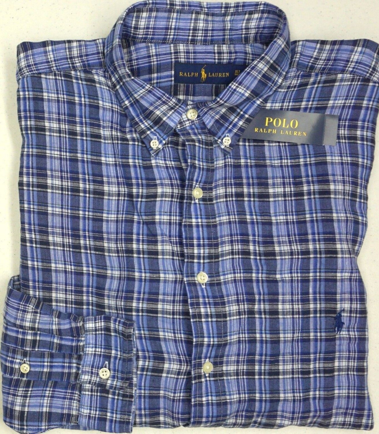 Polo Ralph Lauren Men's Button Down L/S Plaid Linen Shirt Blue Size XLT