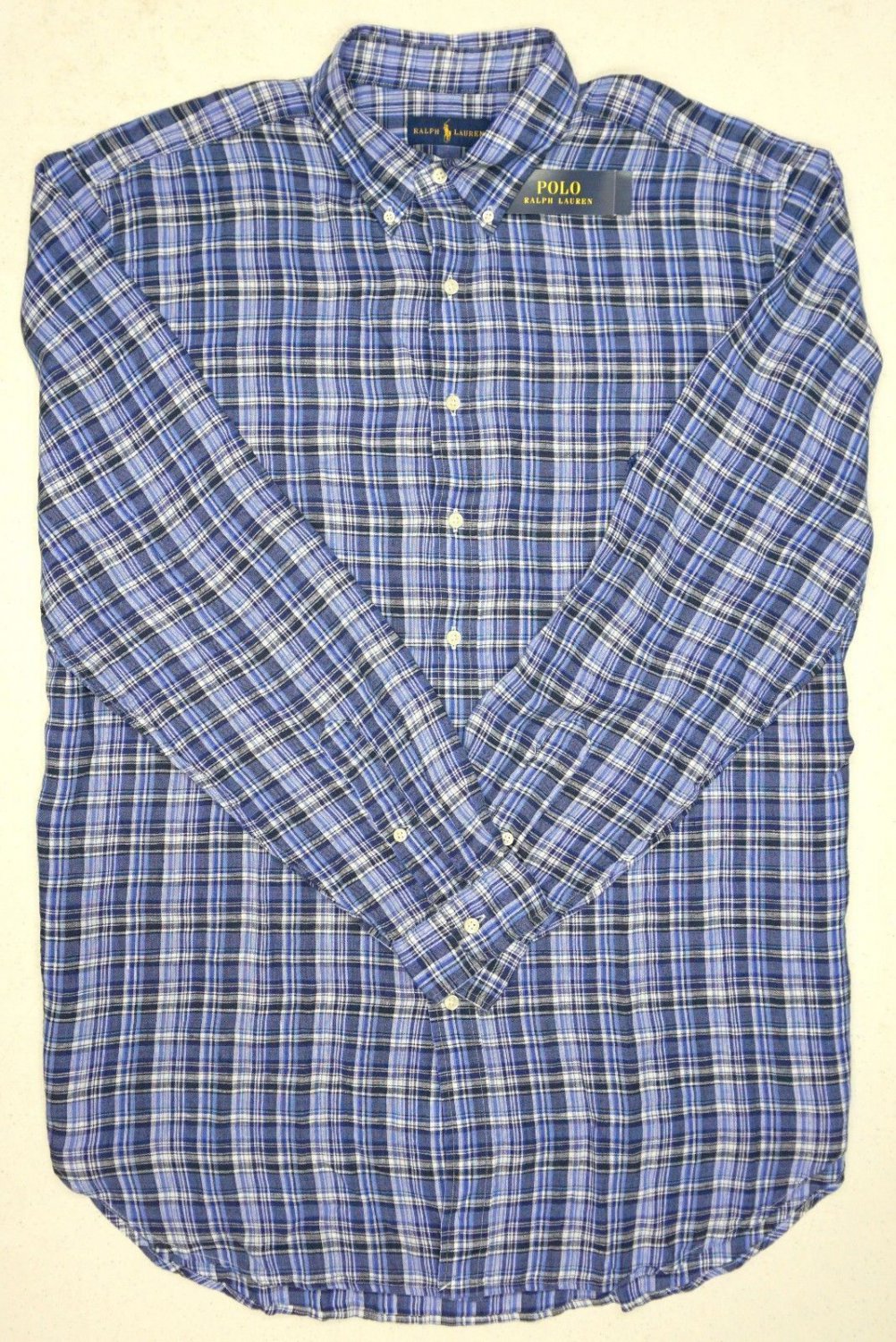 Polo Ralph Lauren Men's Button Down L/S Plaid Linen Shirt Blue Size XLT