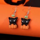 Halloween Black Kitty in Pumpkin Earrings