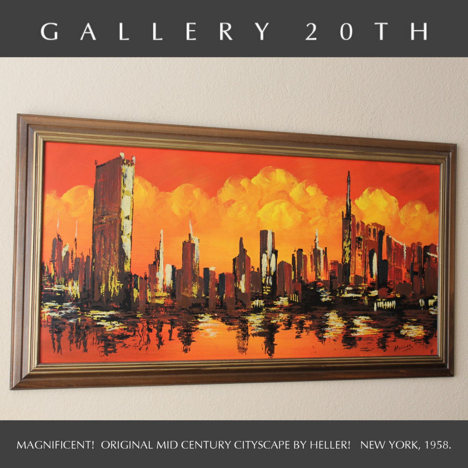 MID CENTURY MODERN NY CITYSCAPE ORIG OIL PAINTING BY HELLER! ART MANHATTAN VTG