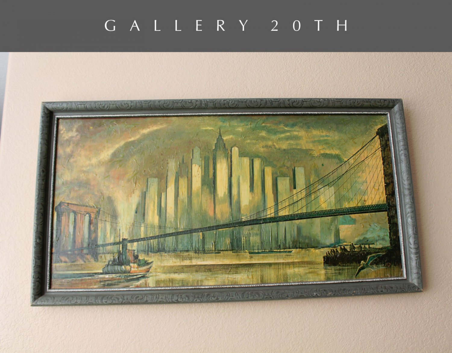 MID CENTURY MODERN NY CITYSCAPE HAND GLOSSED VTG PRINT! ART MANHATTAN PENTHOUSE