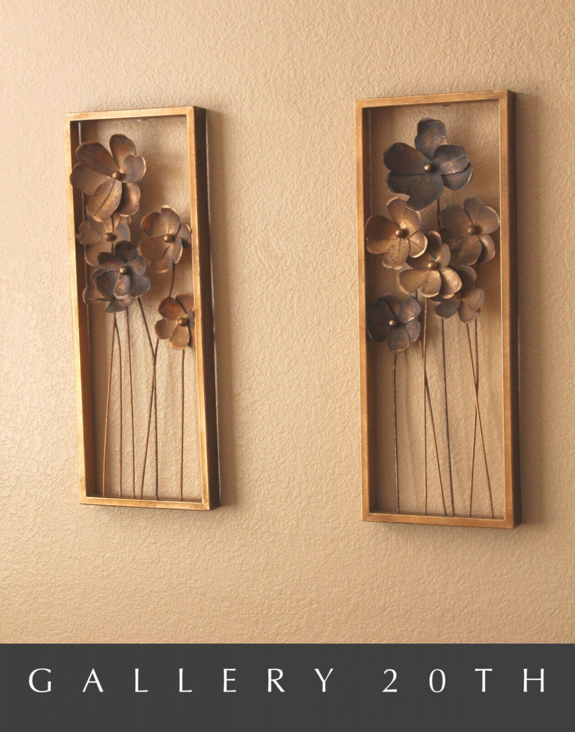 PAIR MID CENTURY MODERN BRUTALIST MOD FLOWER WALL ART! METAL SCULPTURE JERE VTG