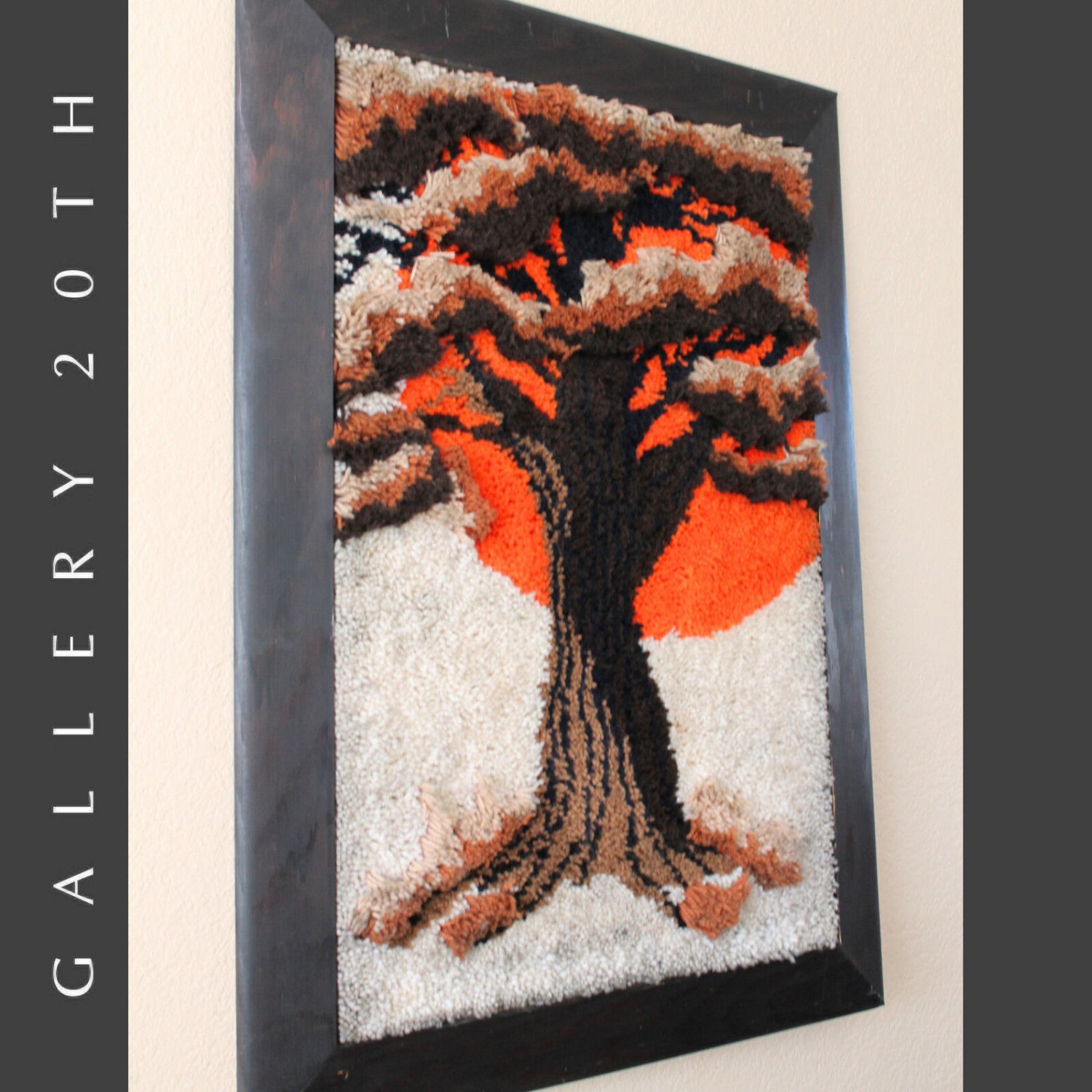 ICONIC MID CENTURY BONSAI TREE TAPESTRY! ORANGE VTG 60'S TEXTILE WALL HANGING