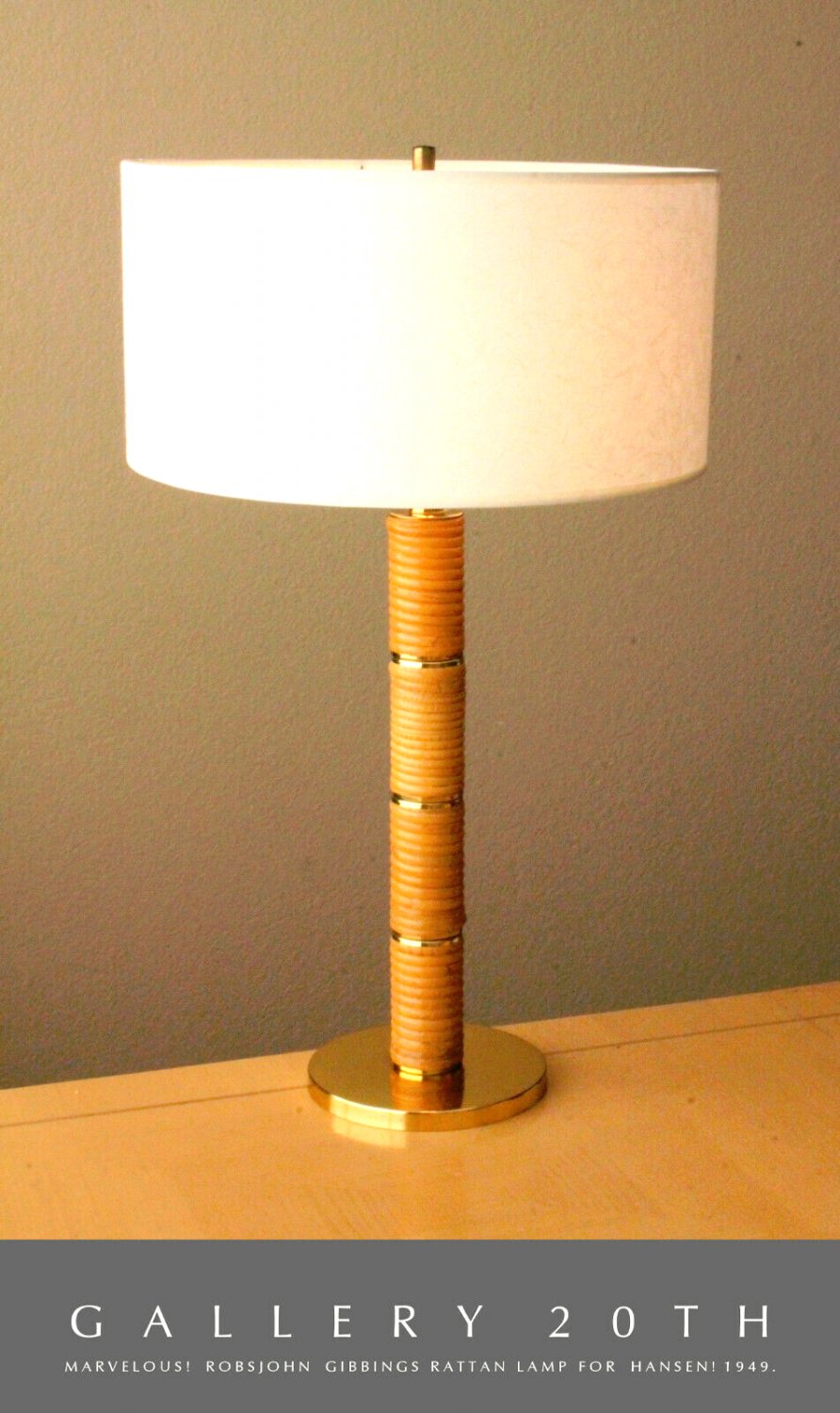 RATTAN TABLE LAMP! ROBSJOHN GIBBINGS FOR HANSEN! MID CENTURY MODERN 1950s DECO