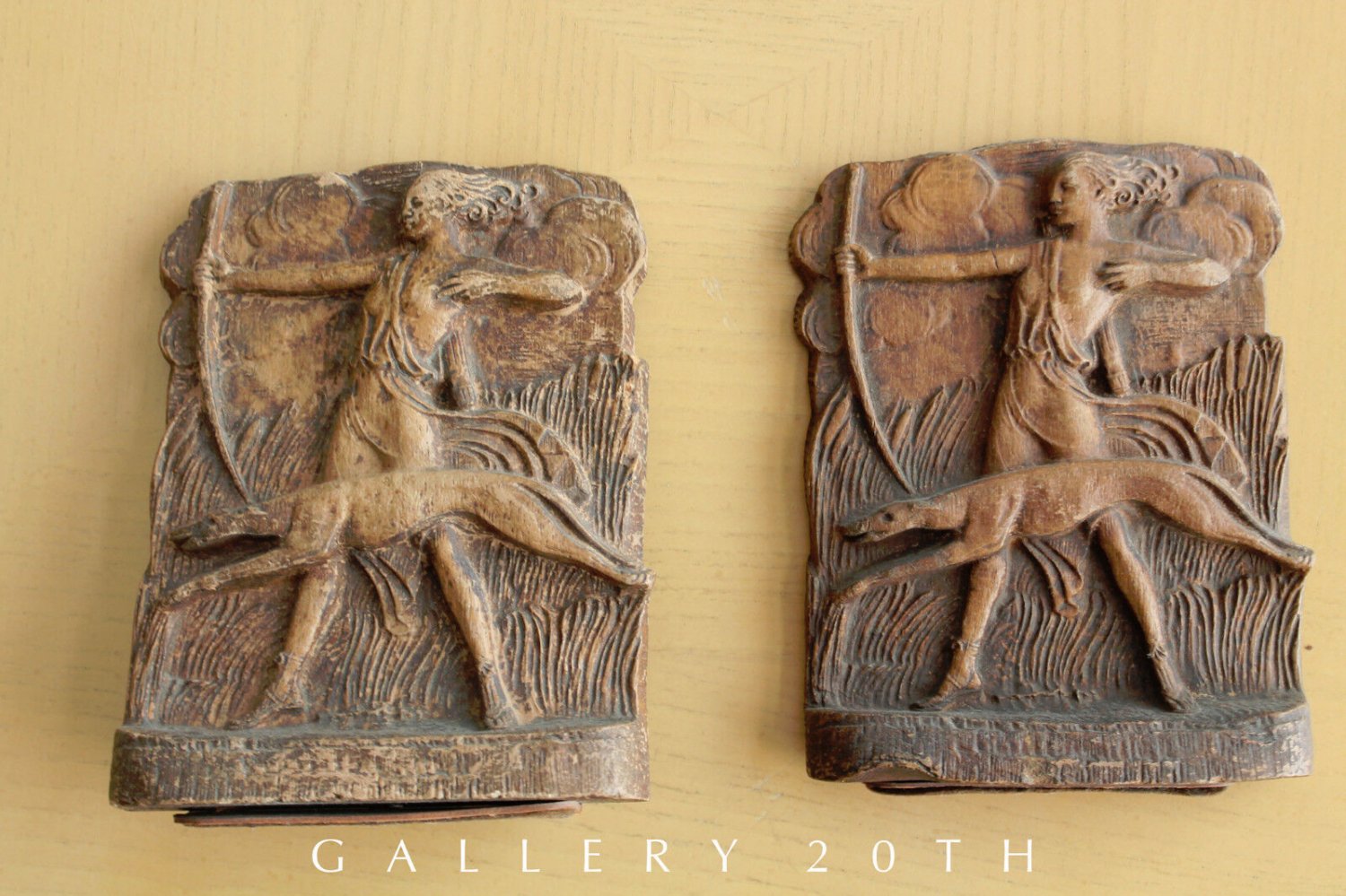 RARE! PAIR ART DECO ARTEMIS THE HUNTRESS BOOK ENDS! GREYHOUND 20's 30's GODDESS