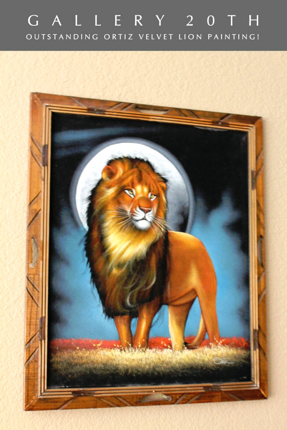 THE KING! MID CENTURY MODERN ORTIZ VELVET LION PAINTING! VTG 70S ATOMIC AGE ART