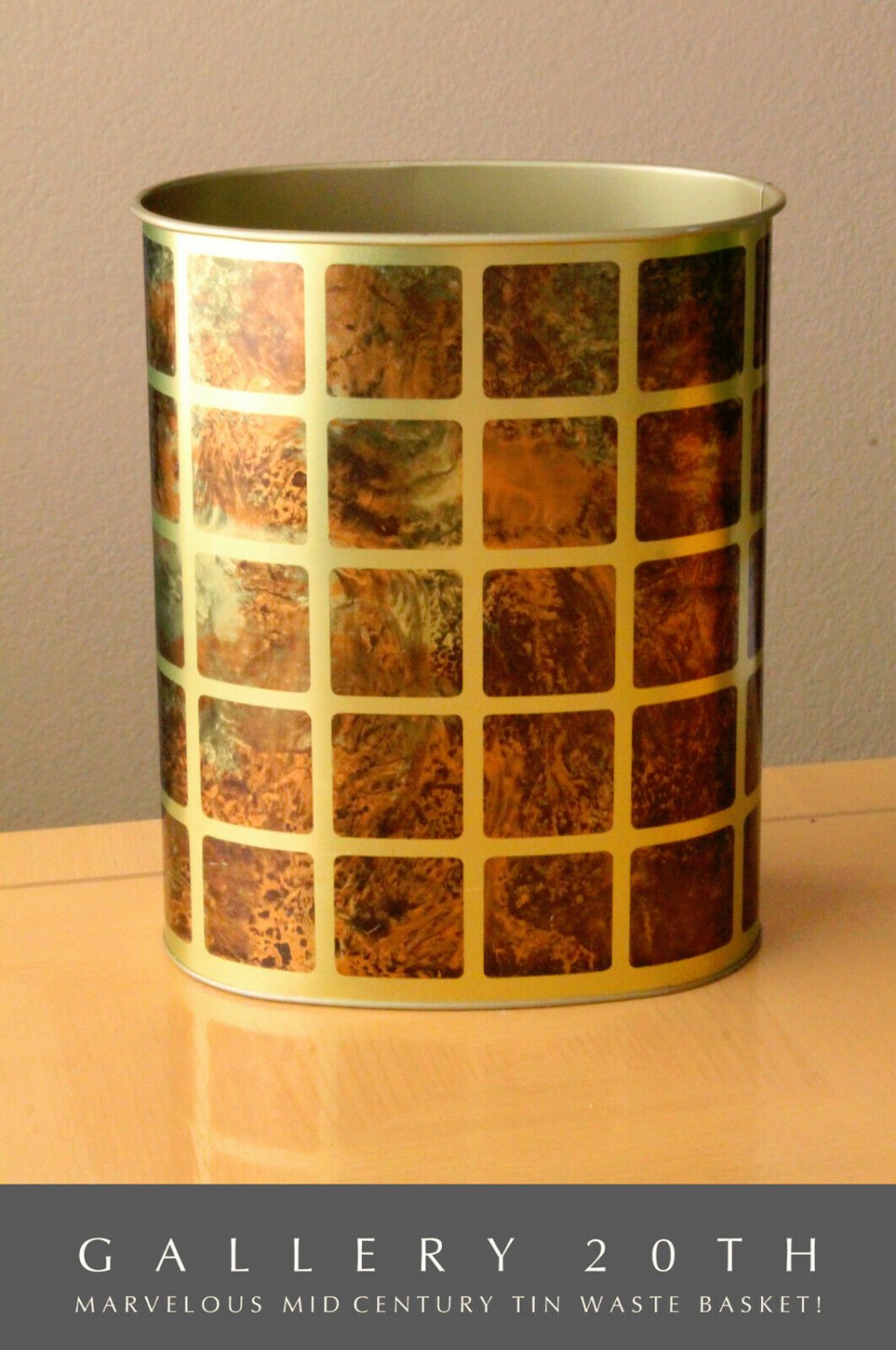 RARE & COOL! MID CENTURY TIN WASTEBASKET! VTG BIN FAUX BURLWOOD 1960S 1970s GOLD