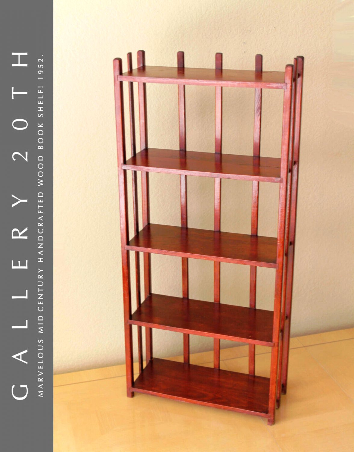 GORGEOUS! MID CENTURY MODERN CHERRY STAINED HANDCRAFTED WOOD BOOK SHELF! 1950S