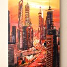 MID CENTURY MODERN SEATTLE CITYSCAPE ORIG OIL PAINTING! HOT ORANGE! SKYLINE VTG