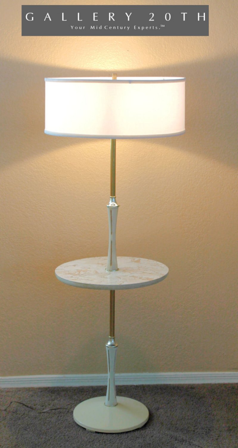 CLEAN! ATOMIC MID CENTURY TABLE FLOOR LAMP! WHITE POLE LIGHTOLIER VTG MODERN 50S