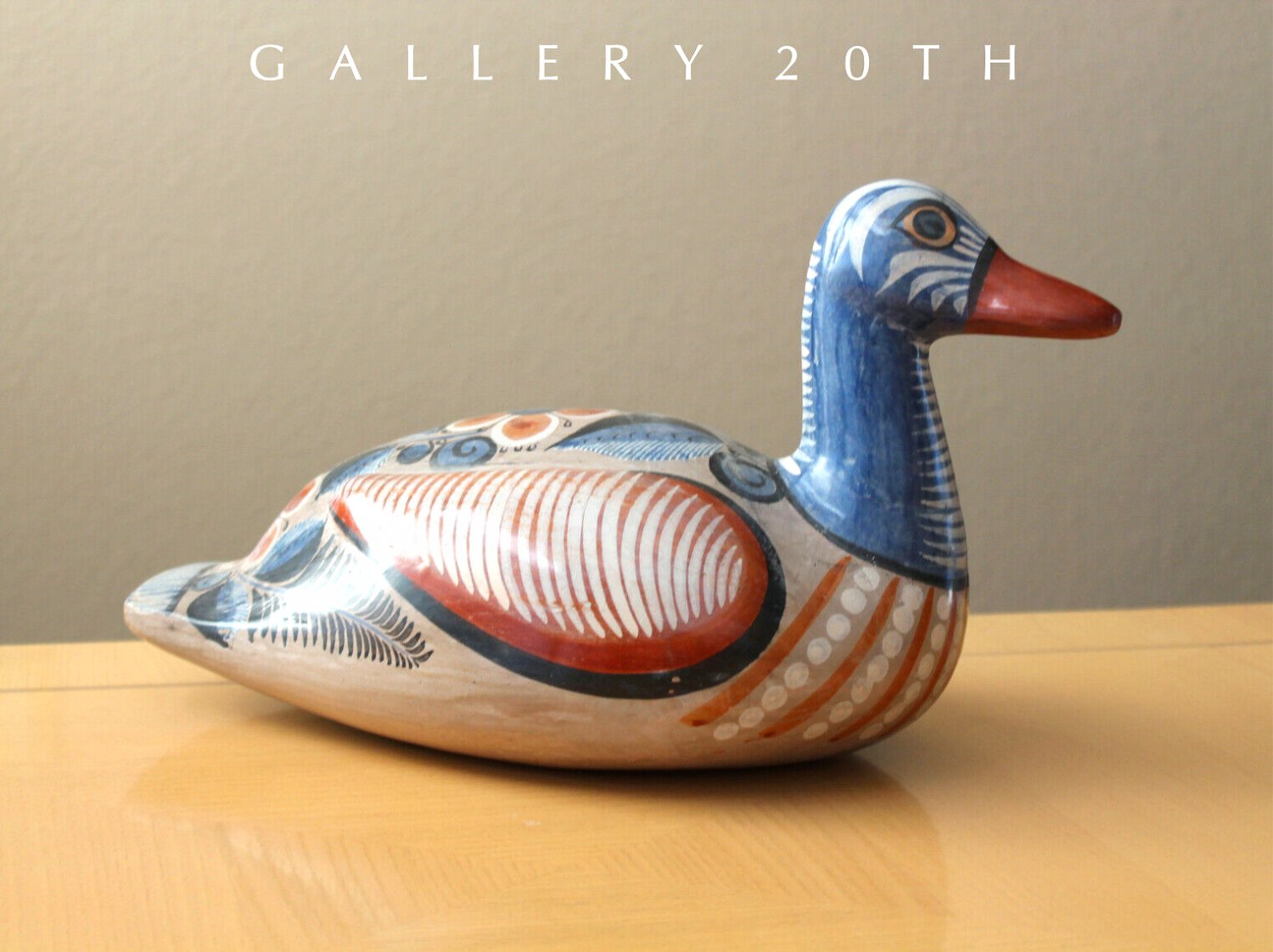 QUACK! LARGE MID CENTURY PAINTED POTTERY DUCK SCULPTURE! 50S MEXICO ORIG ART VTG
