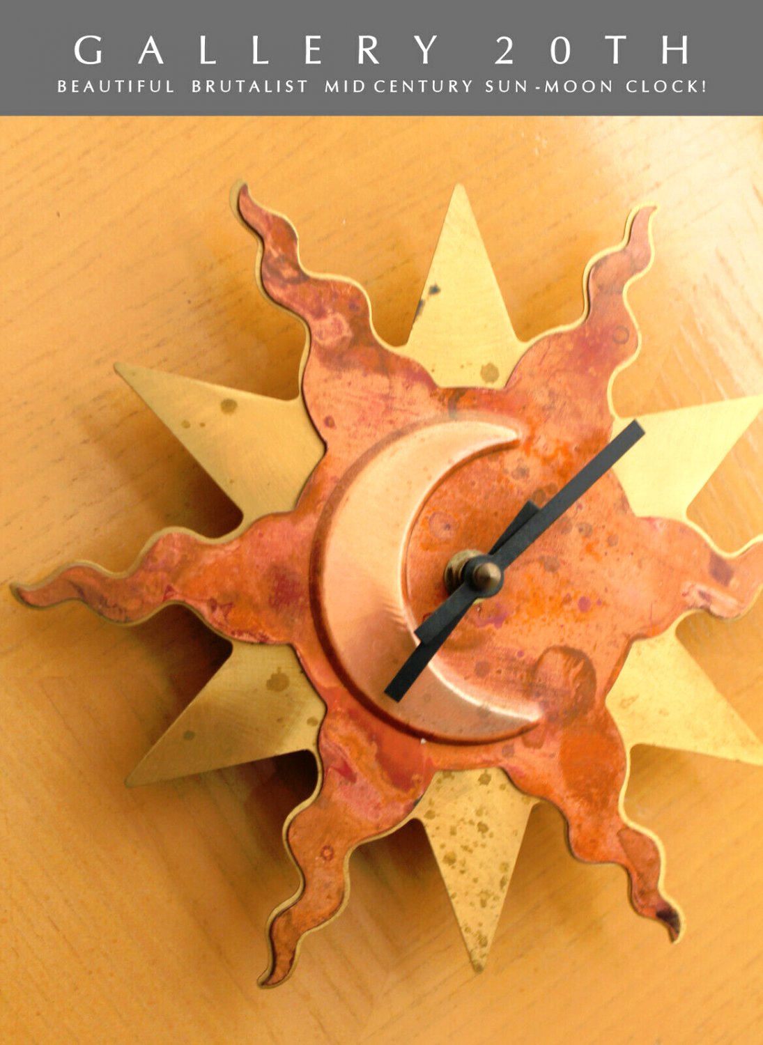 SUN & MOON BRUTALIST WALL CLOCK! MID CENTURY MODERN ART BRASS COPPER VTG CUSTOM