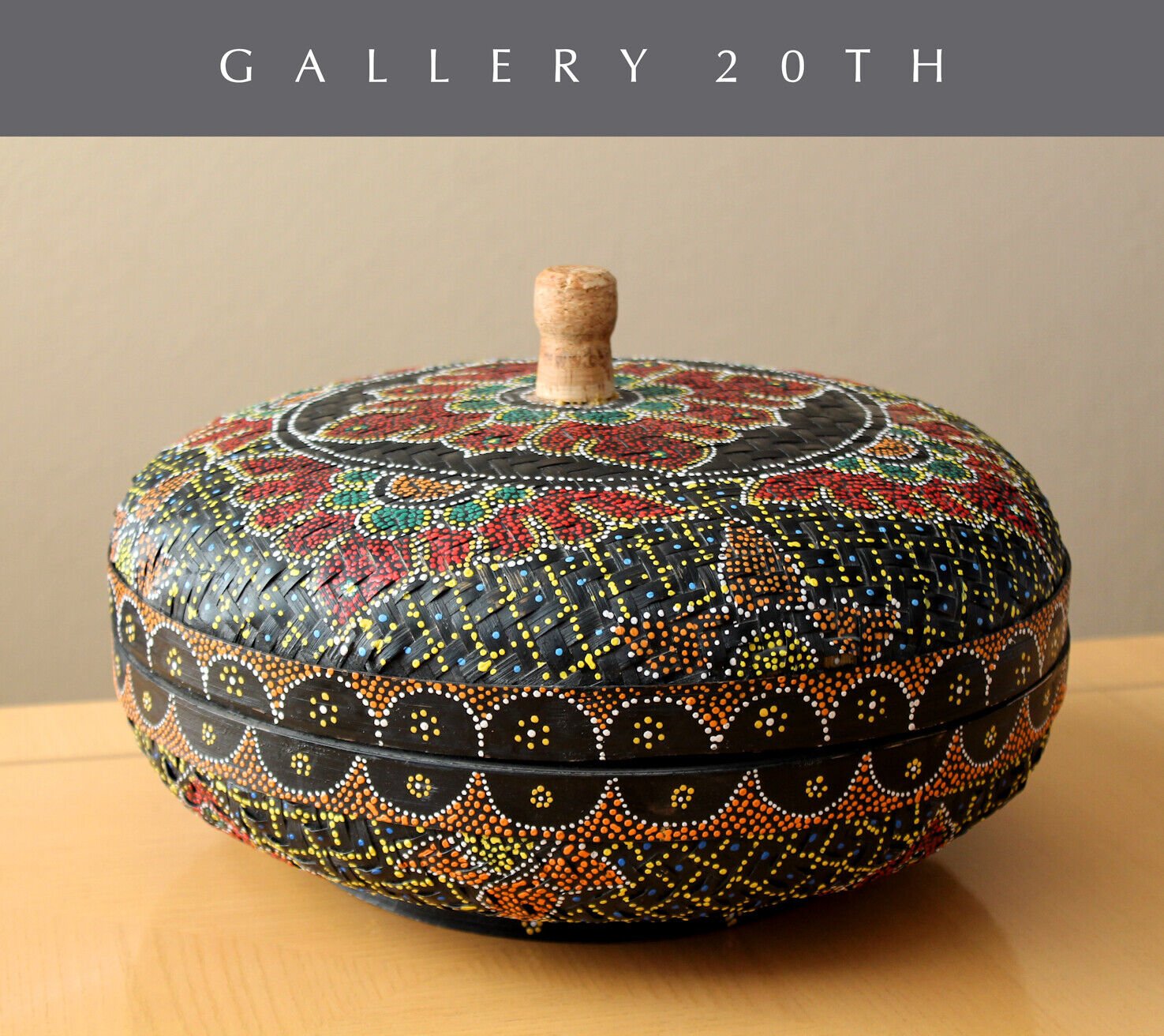 GORGEOUS! HANDCRAFTED POLYCHROMED WICKER MEXICAN BASKET! BOWL CATCHALL MANDALA
