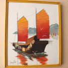 GORGEOUS! MID CENTURY MODERN ORIG OIL PAINTING! VTG SEA HARBOR ASIA BOAT ART 70S