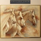 MONUMENTAL MID CENTURY MODERN HORSES OIL PAINTING! ART VTG STALLIONS GOLD 1970S