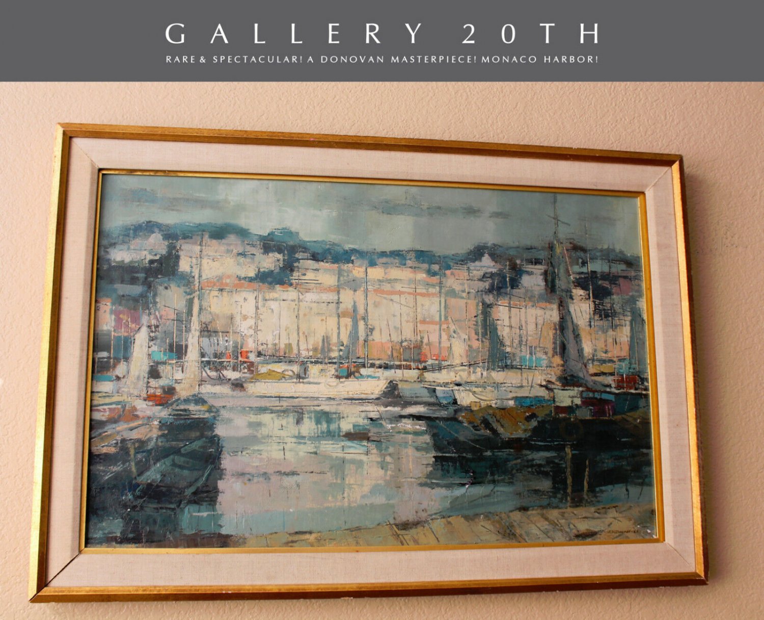 MID CENTURY MODERN DONOVAN MONACO OIL PAINTING! VTG 50 ART BOATS ATOMIC SEASCAPE