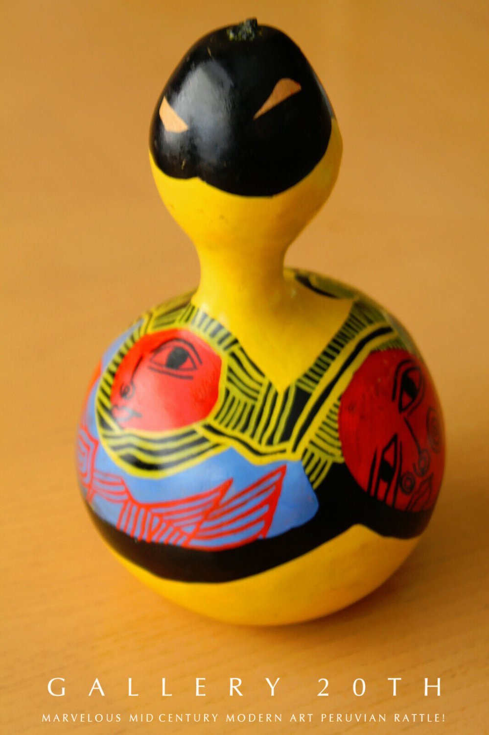 WOW! MID CENTURY MODERN POLYCHROMED PERUVIAN RATTLE! ART GOURD ABSTRACT 1950s
