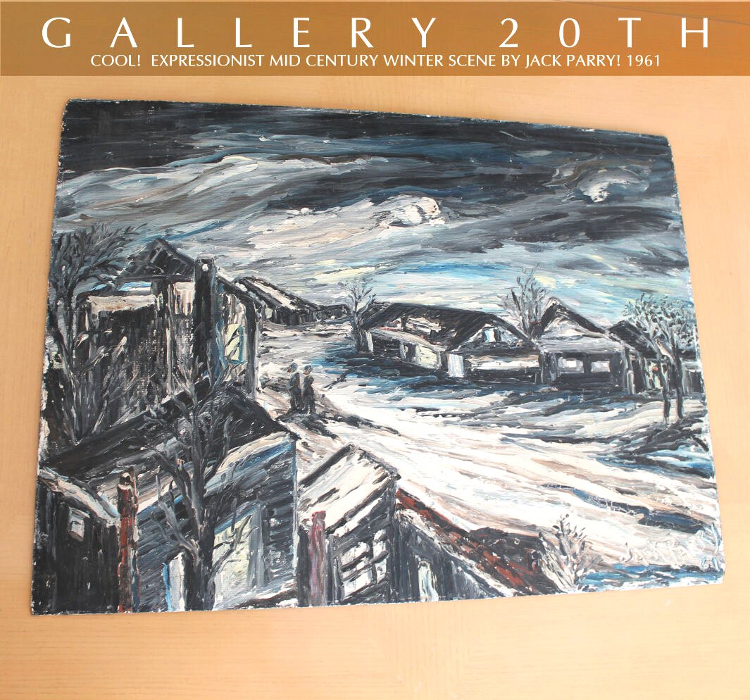 SWEET! 1960'S EXPRESSIONIST WINTER TOWN PAINTING! MID CENTURY  VTG OIL ORIG. ART