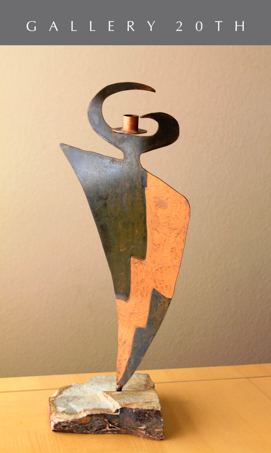 MID CENTURY MODERN BRUTALIST SLATE COPPER METAL SCULPTURE! ABSTRACT VTG ART 70s