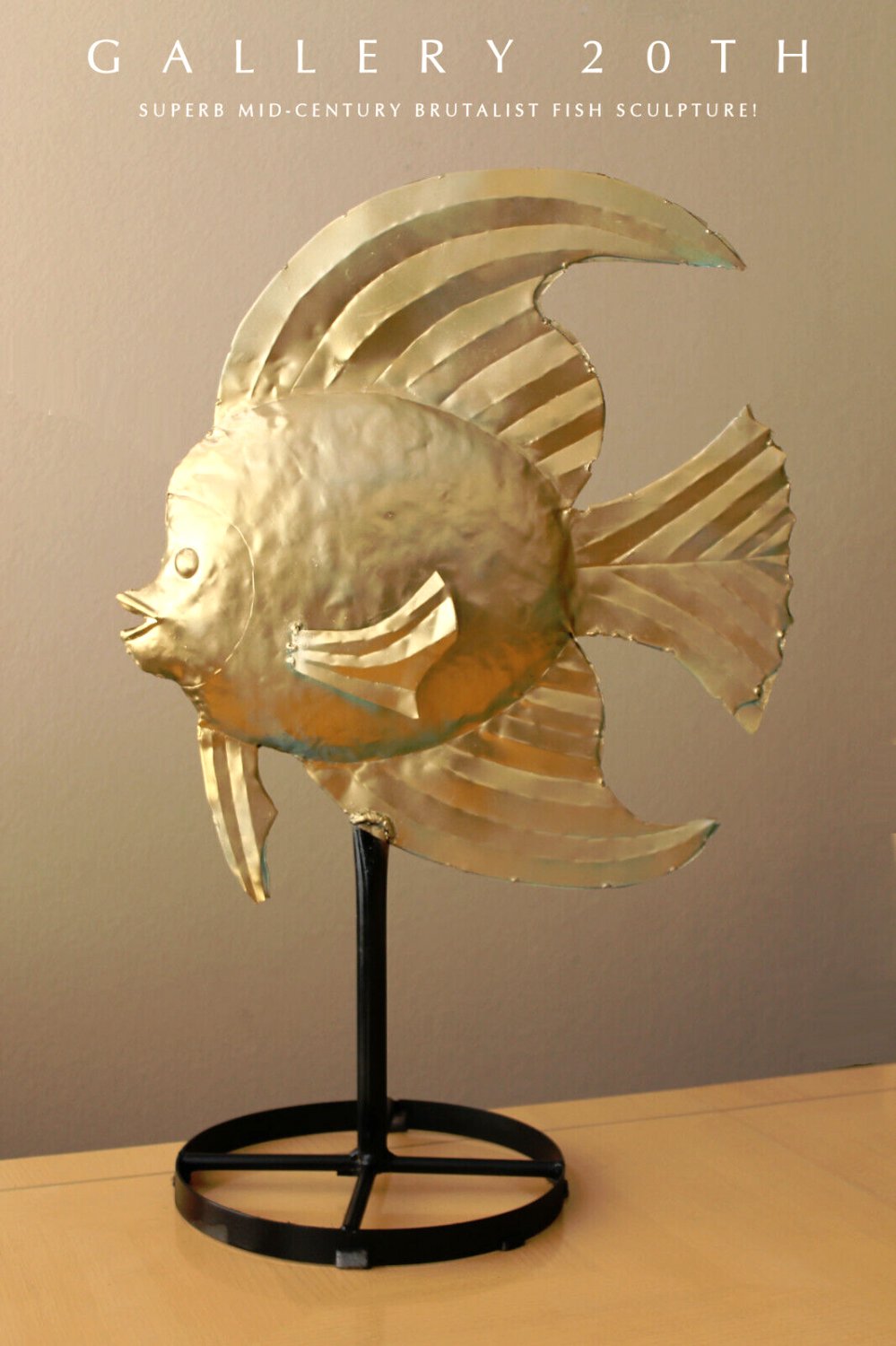HUGE! MID CENTURY MODERN BRUTALIST "HAPPY" FISH SCULPTURE! VTG 50S 60s GOLD ART