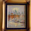 LOVELY! 1950's PASTEL HUES SEASCAPE BOAT SHIP OIL PAINTING! VTG ORIG. ART DECOR