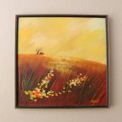 VIBRANT! MID CENTURY MODERN ORIGINAL OIL PAINTING! LANDSCAPE ART ORANGE GOLD VTG