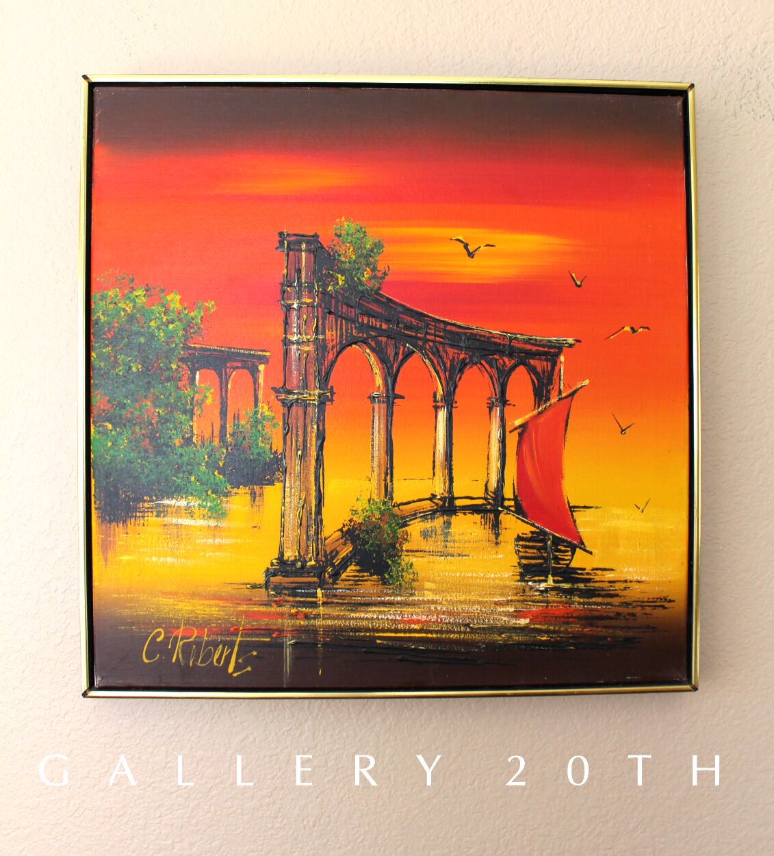 AWESOME! MID CENTURY MODERN ORIG OIL PAINTING! 50S ART ORANGE VTG ATLANTIS RUINS