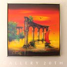 AWESOME! MID CENTURY MODERN ORIG OIL PAINTING! 50S ART ORANGE VTG ATLANTIS RUINS