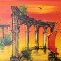 AWESOME! MID CENTURY MODERN ORIG OIL PAINTING! 50S ART ORANGE VTG ATLANTIS RUINS