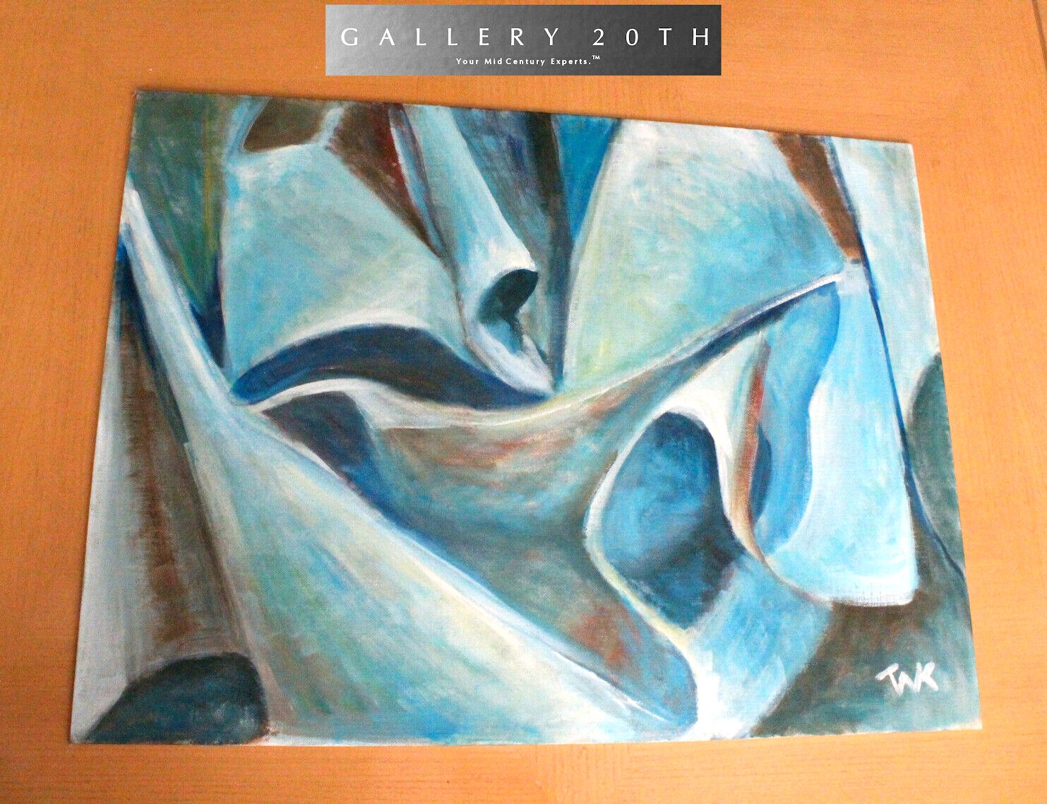 1977! MID CENTURY MODERN ORIGINAL ABSTRACT PAINTING! "FOLDS" ART BLUE VINTAGE