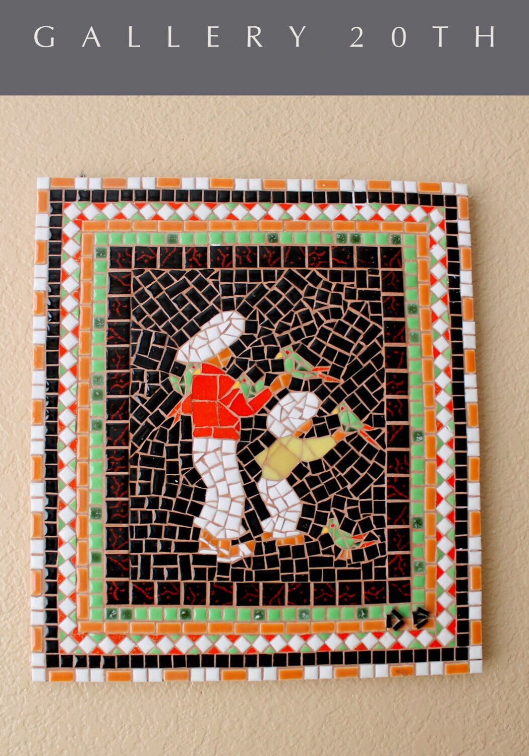 SUPERB! MID CENTURY MODERN ORIG. ART TILE MOSAIC! BIRD PARROTS VTG 50'S PAINTING