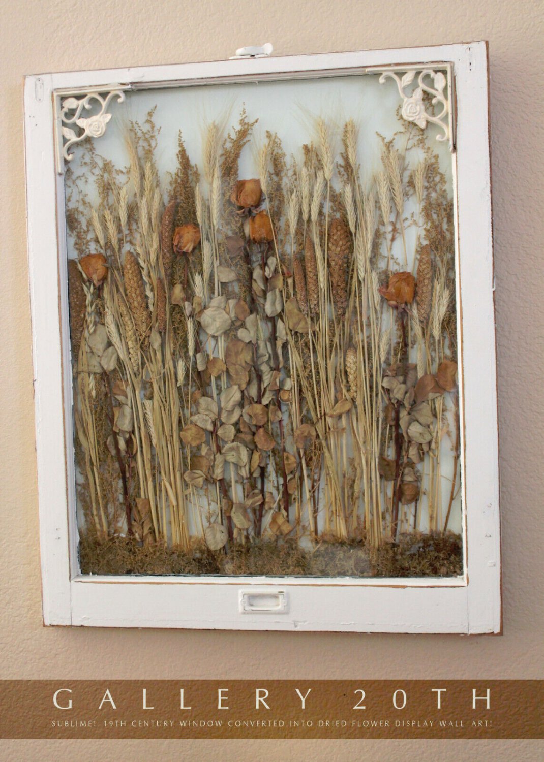 SUPERB! VICTORIAN 19TH CENTURY WINDOW FRAME ART DRIED FLOWERS DECOR SHABBY CHIC