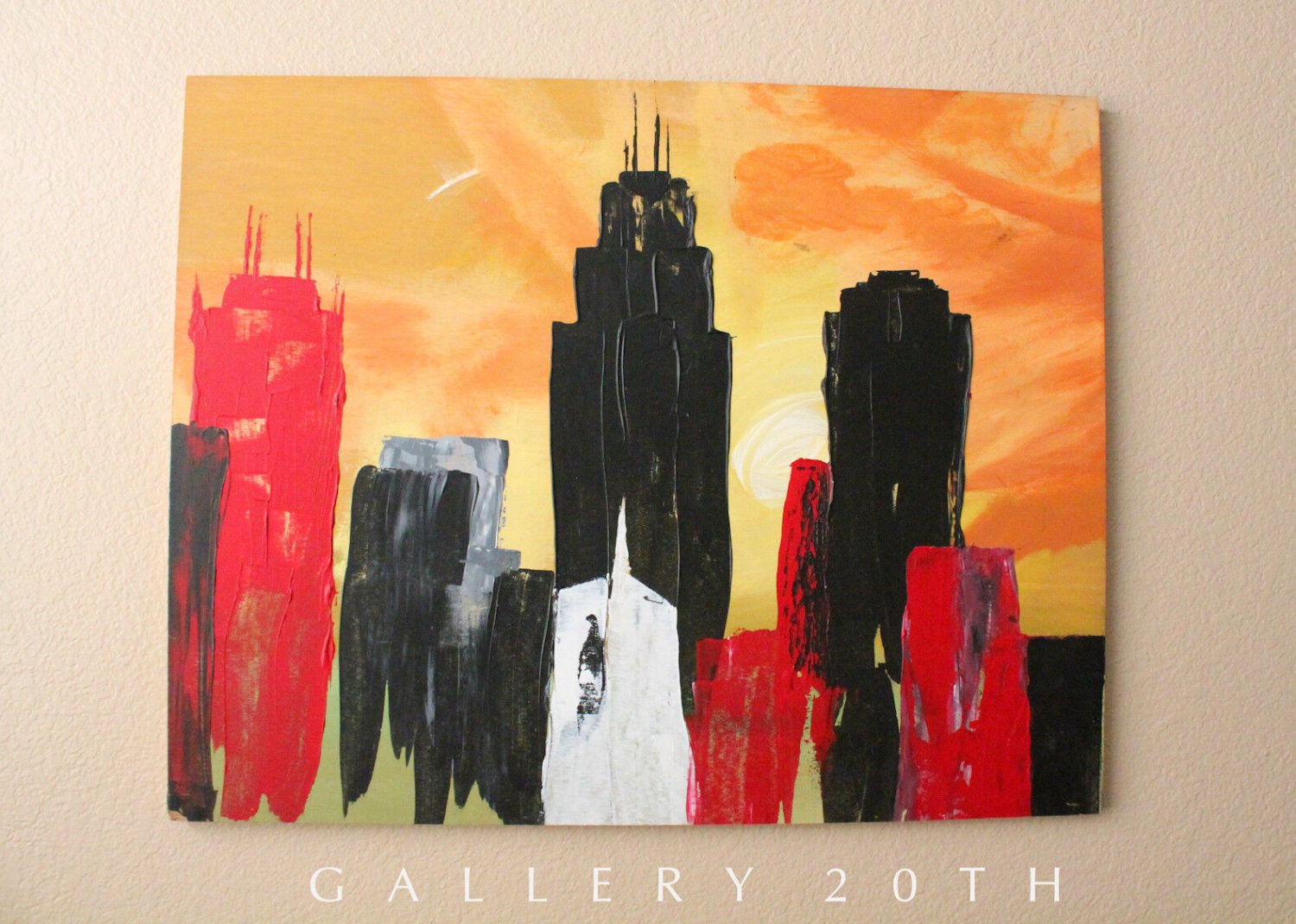 LARGE MID CENTURY MODERN ABSTRACT CITYSCAPE ORIG OIL PAINTING! VTG MODERNISM 70S