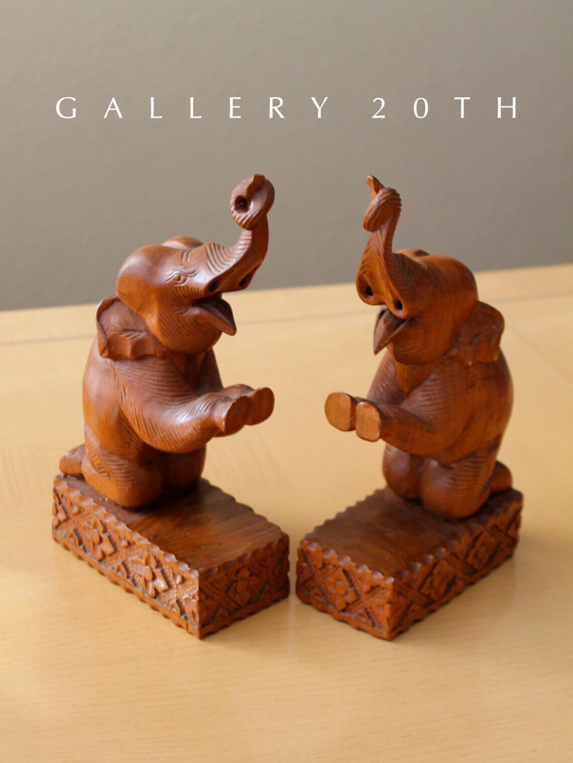 WOW! EPIC HAND CARVED ELEPHANT BOOK ENDS! PAIR MID CENTURY VINTAGE INTERIOR DECOR LUCK