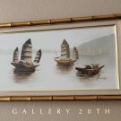 MID CENTURY MODERN CHINESE JUNKS IN HARBOR ORIGINAL OIL PAINTING! 1950S VINTAGE WALL ART!