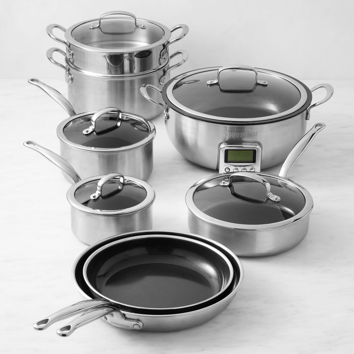 GreenPan Premiere StainlessSteel Ceramic Nonstick 11Piece Cookware Set with Smart Skillet