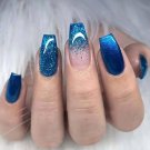 Medium Coffin Press on Nails, Blue Gradient Fake Nails, Glitter Artificial 24pcs